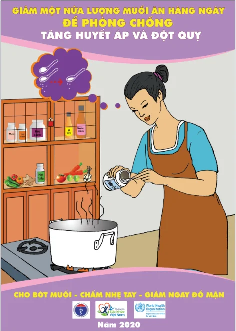 Áp phích Giảm một nửa lượng muối ăn hàng ngày để phòng chống Tăng huyết áp và Đột quỵ