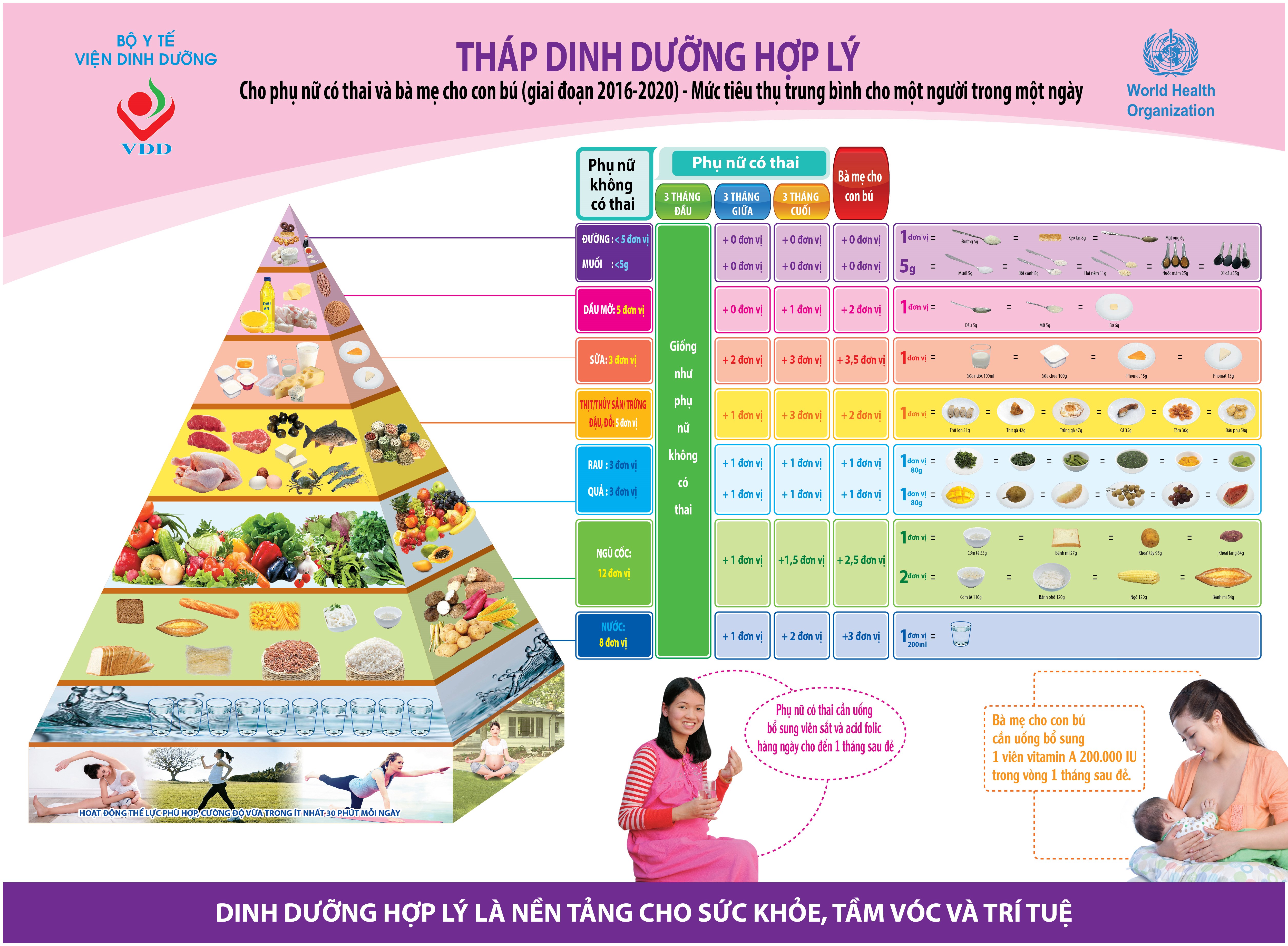 Tháp Dinh dưỡng hợp lý cho phụ nữ có thai và bà mẹ cho con bú (giai đoạn 2016 - 2020) - Mức tiêu thụ trung bình cho một người trong một ngày